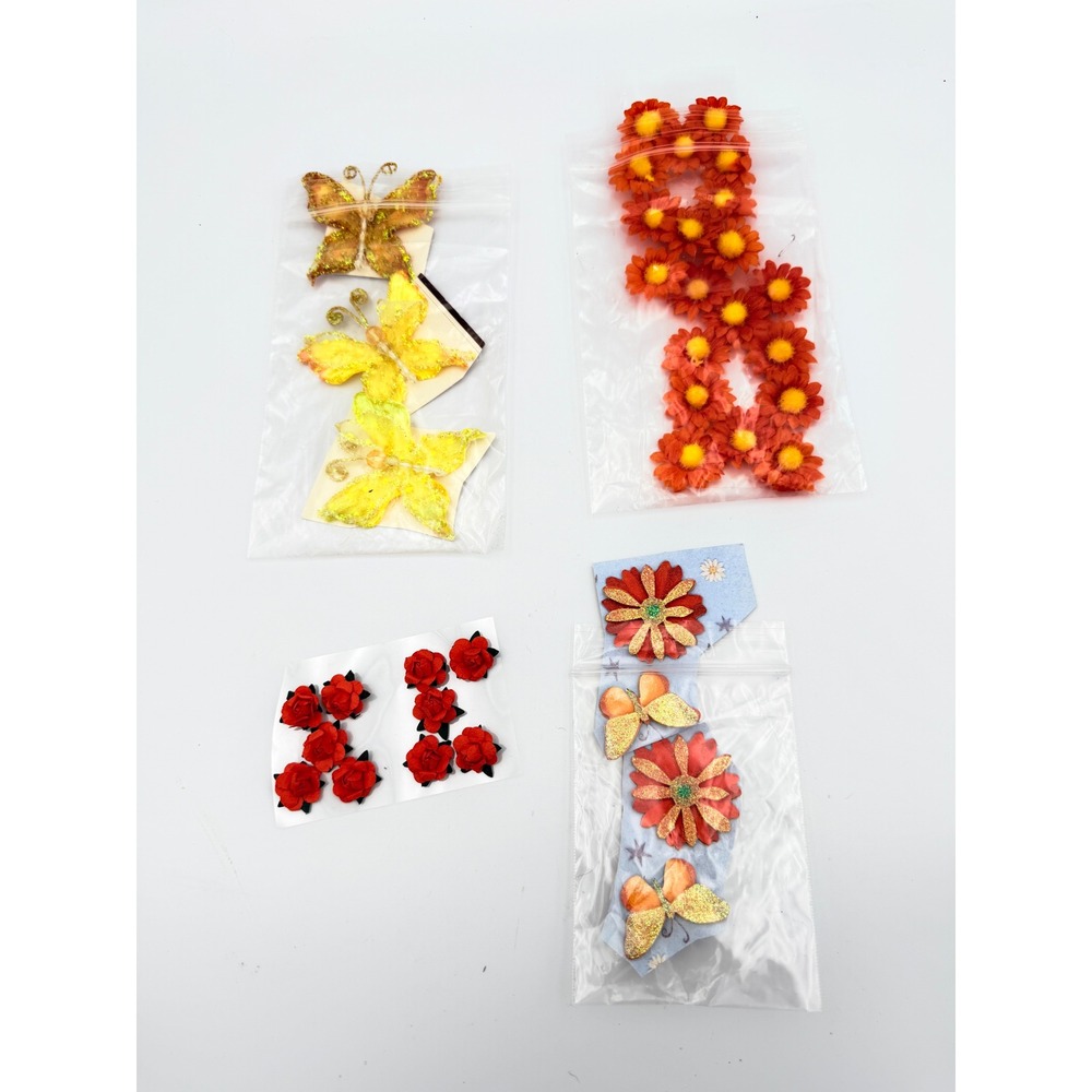 Michaels Craft Embellishments Lot Butterflies Orange Daisies Red Roses Floral‎